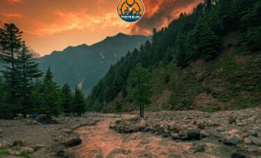 Golden sunset over the mountains as seen from Shogran Hilltop
