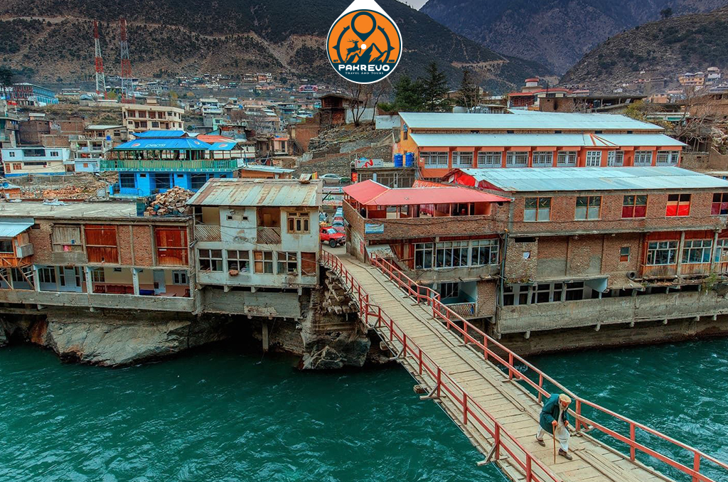 Wooden suspension bridge over the Swat River in Kalam
