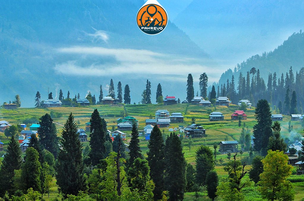 Pine-clad slopes and wooden huts in Upper Kel, Neelum Valley