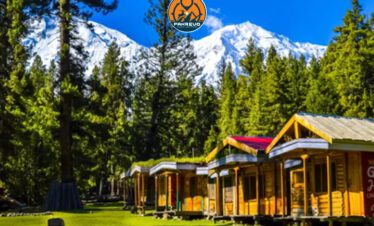 Newlyweds walking across the Lover’s Bridge at Fairy Meadows