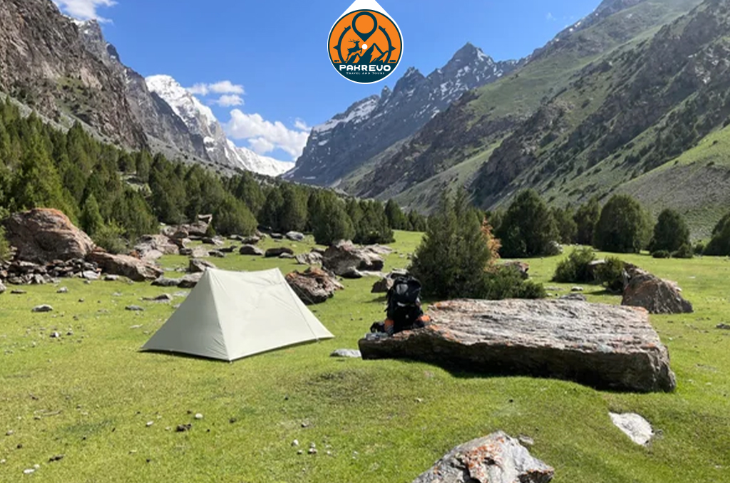 Colorful tents set up for a youth camp in Siran Valley pine forest