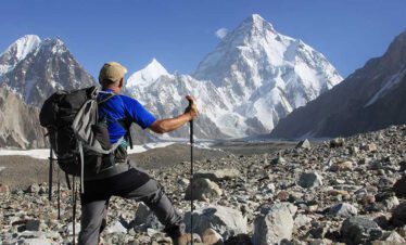 Group trekking across the Baltoro Glacier under towering Karakoram peaks