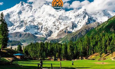 Group hiking to Fairy Meadows with Nanga Parbat in the background