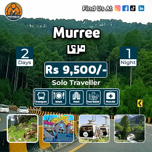 Murree tour package with scenic hills, Mall Road view, and price highlighted