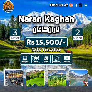 Naran Kaghan tour package with green valleys, mountain peaks, and package price displayed