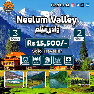 Neelum Valley tour package featuring lush riversides, green hills, and package pricing