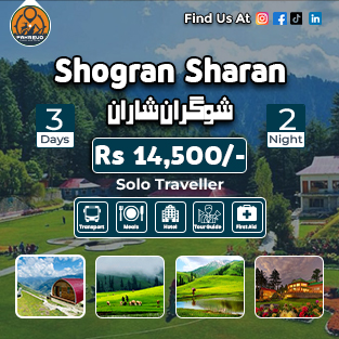 Sharan and Shogran tour package with pine forests, meadows, and price display